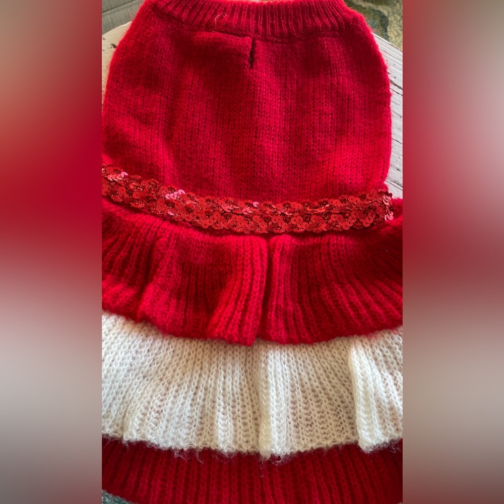 Red and White Layered Pet Sweater Dress featuring red sparkles at waist
Lg